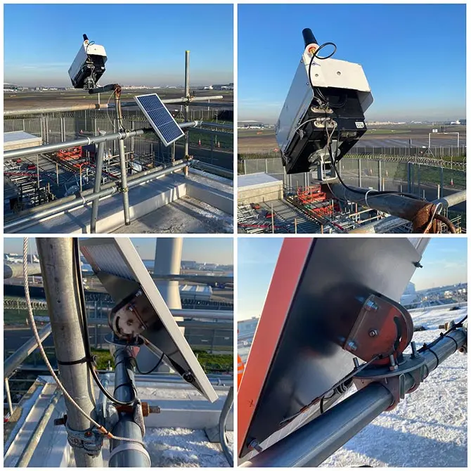 Construction Site Fire Alarms And Security Cameras On Scaffolding